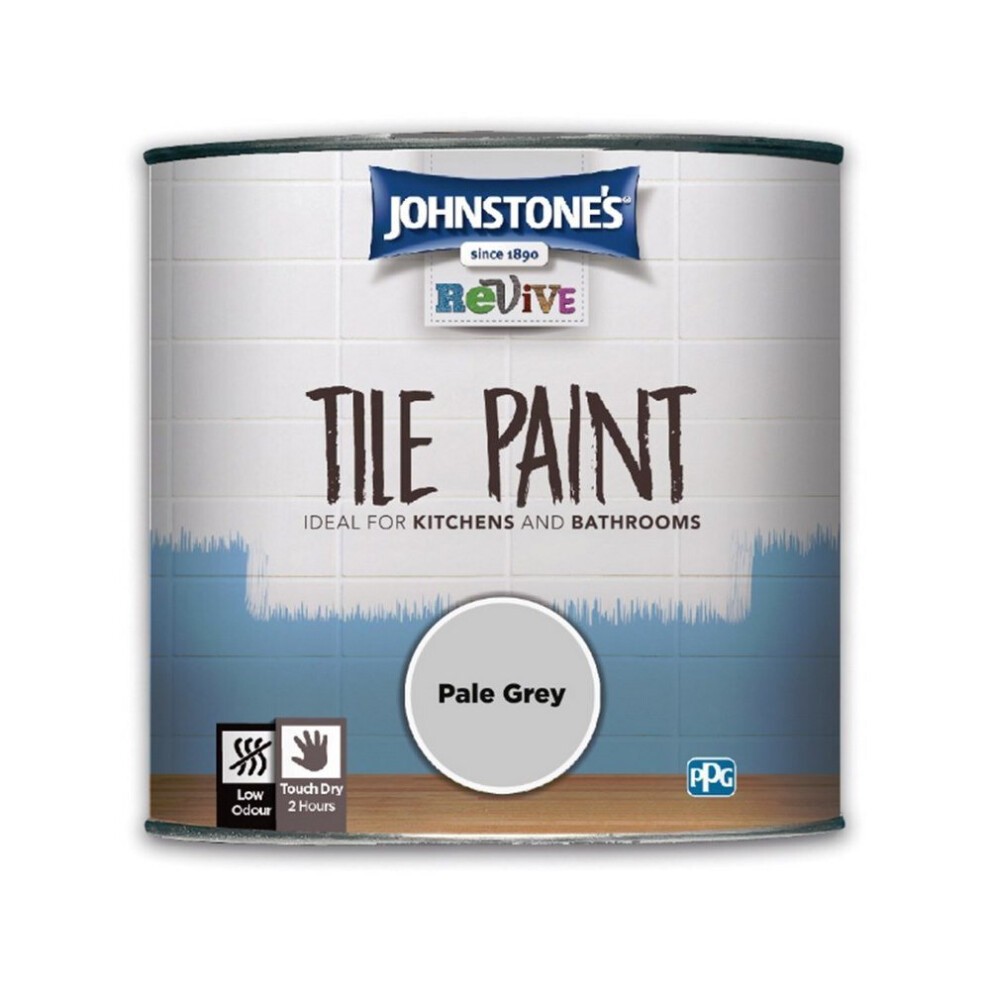 Johnstones Revive Tile Paint in a 750ml can, featuring a pale grey color, labeled for kitchen and bathroom use, with a low odour formula and a two-hour drying time.