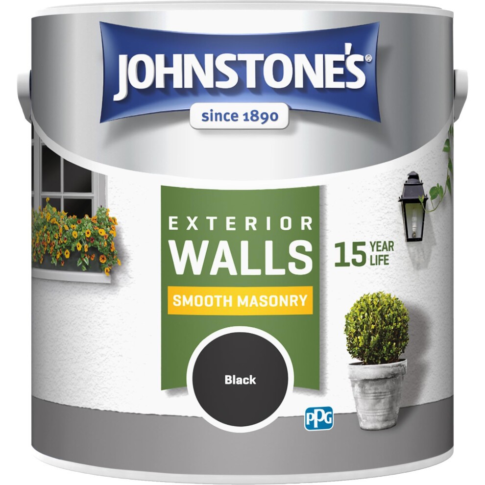 Black exterior smooth masonry paint tin by Johnstone's, featuring a green label highlighting "15 Year Life" and coverage details, with decorative images of plants and a lantern.