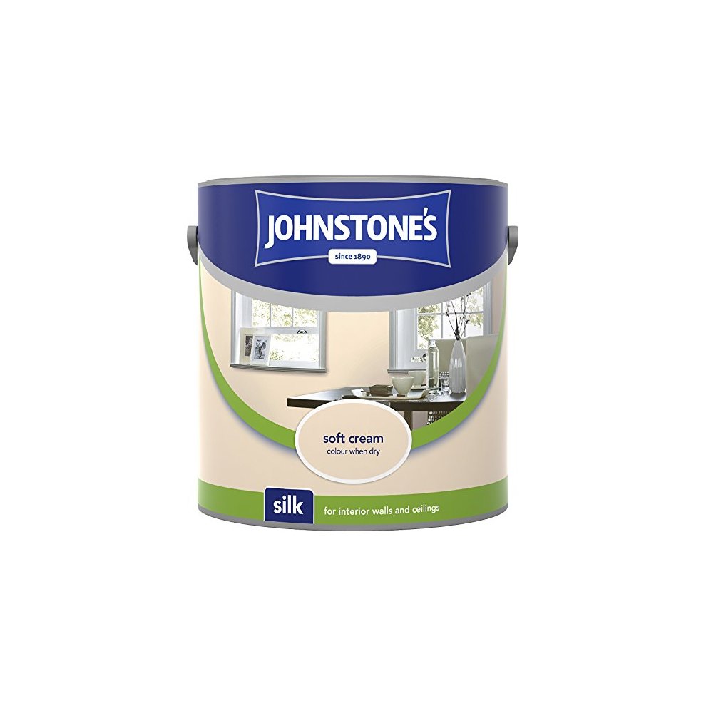 Johnstones Silk Emulsion Paint in Soft Cream, 2.5l, featuring a sleek can design with a green and blue label, ideal for interior walls and ceilings.