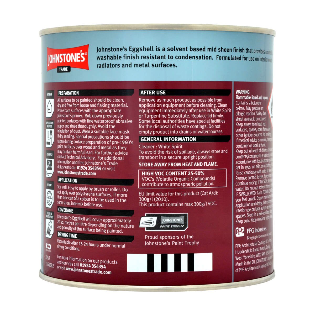 Johnstone's Trade Eggshell Black paint can, 2.5L, featuring a black label with white text, detailing preparation, application, and safety instructions on a metallic container.
