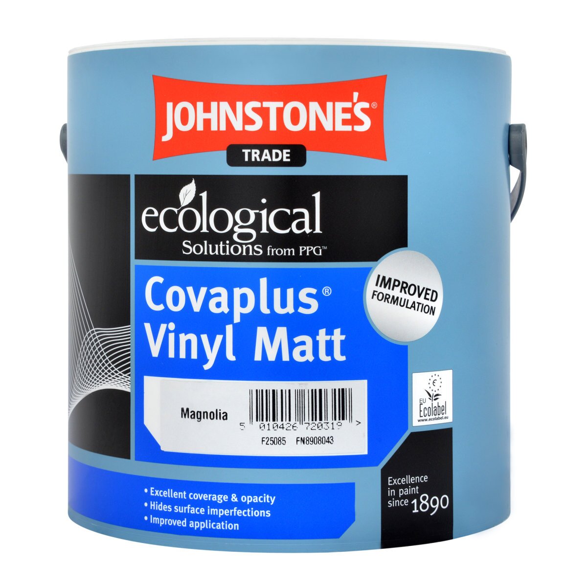 Blue paint can labeled "Johnstones Trade Covaplus Vinyl Matt Magnolia 2.5L," featuring an ecological solutions logo and details about its improved formulation and benefits.