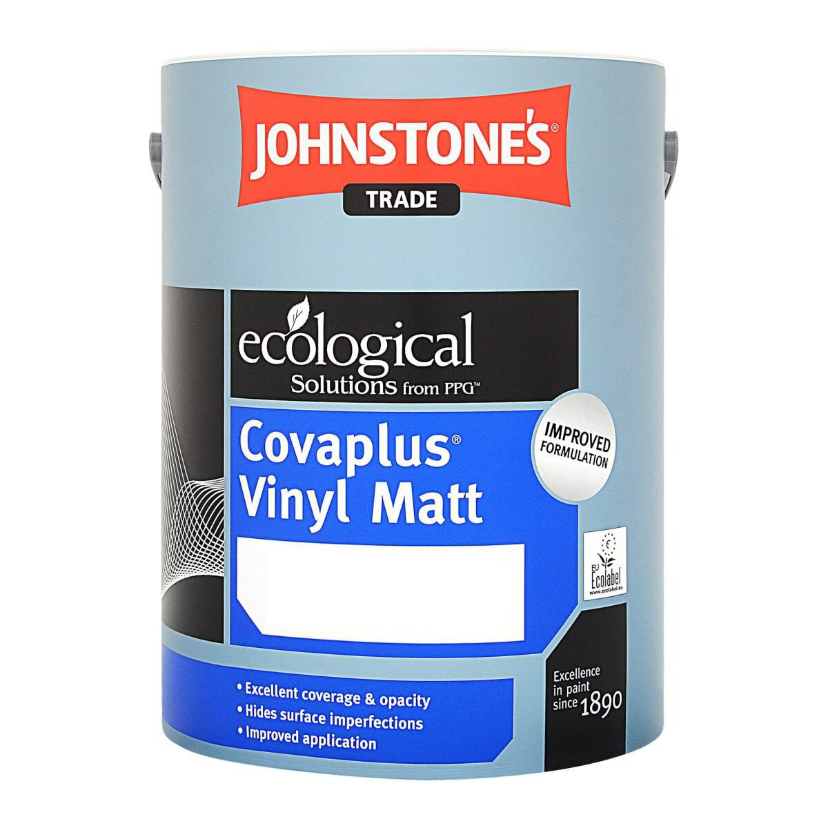 Johnstone's Covaplus Vinyl Matt paint in a 5L container, featuring a light blue label, highlighting its ecological benefits, excellent coverage, and a magnolia color swatch.