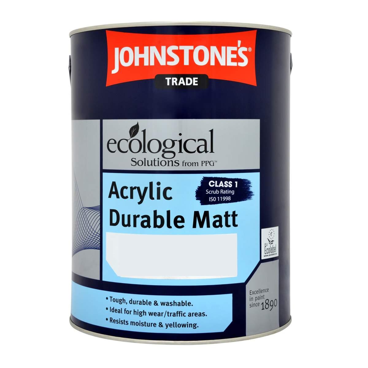 A 5L tin of Johnstone's Trade Acrylic Durable Matt paint in a magnolia color, featuring a blue and black label with ecological branding and scrub rating details.