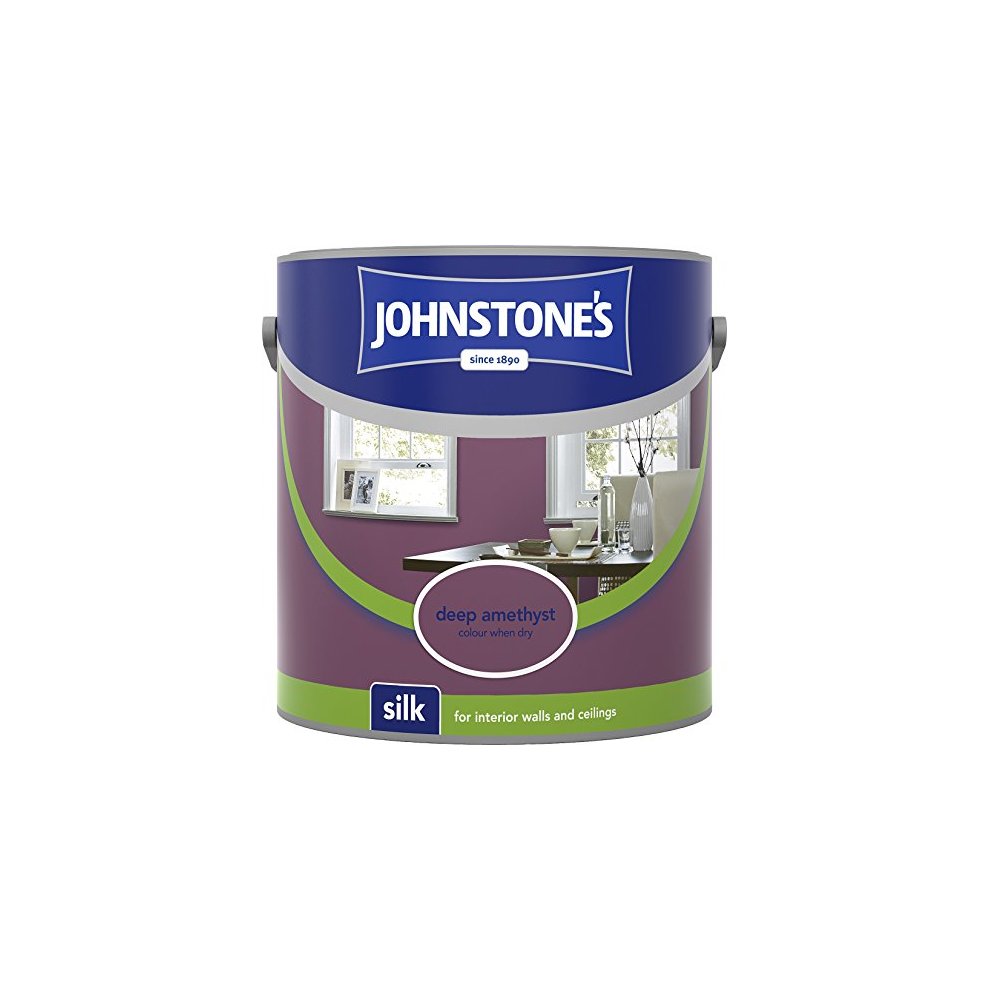 Johnstones Silk Emulsion Paint in Deep Amethyst, 2.5 liters, features a glossy finish and a vibrant purple color, suitable for interior walls and ceilings.