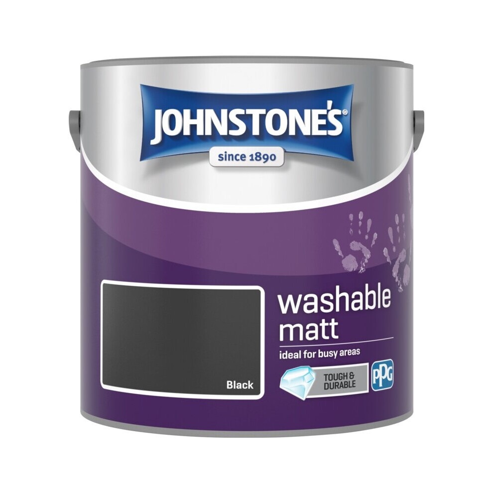 Johnstone's Washable Matt paint in a 2.5L metal tin, featuring a black color, purple label, and text highlighting its durability and suitability for busy areas.