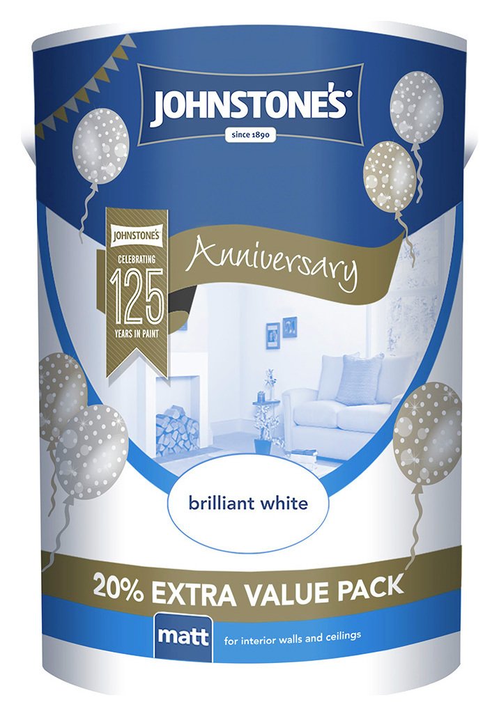 Brilliant white wall and ceiling paint in a 6L container, featuring a festive design with balloons and a "125 years in paint" anniversary banner.