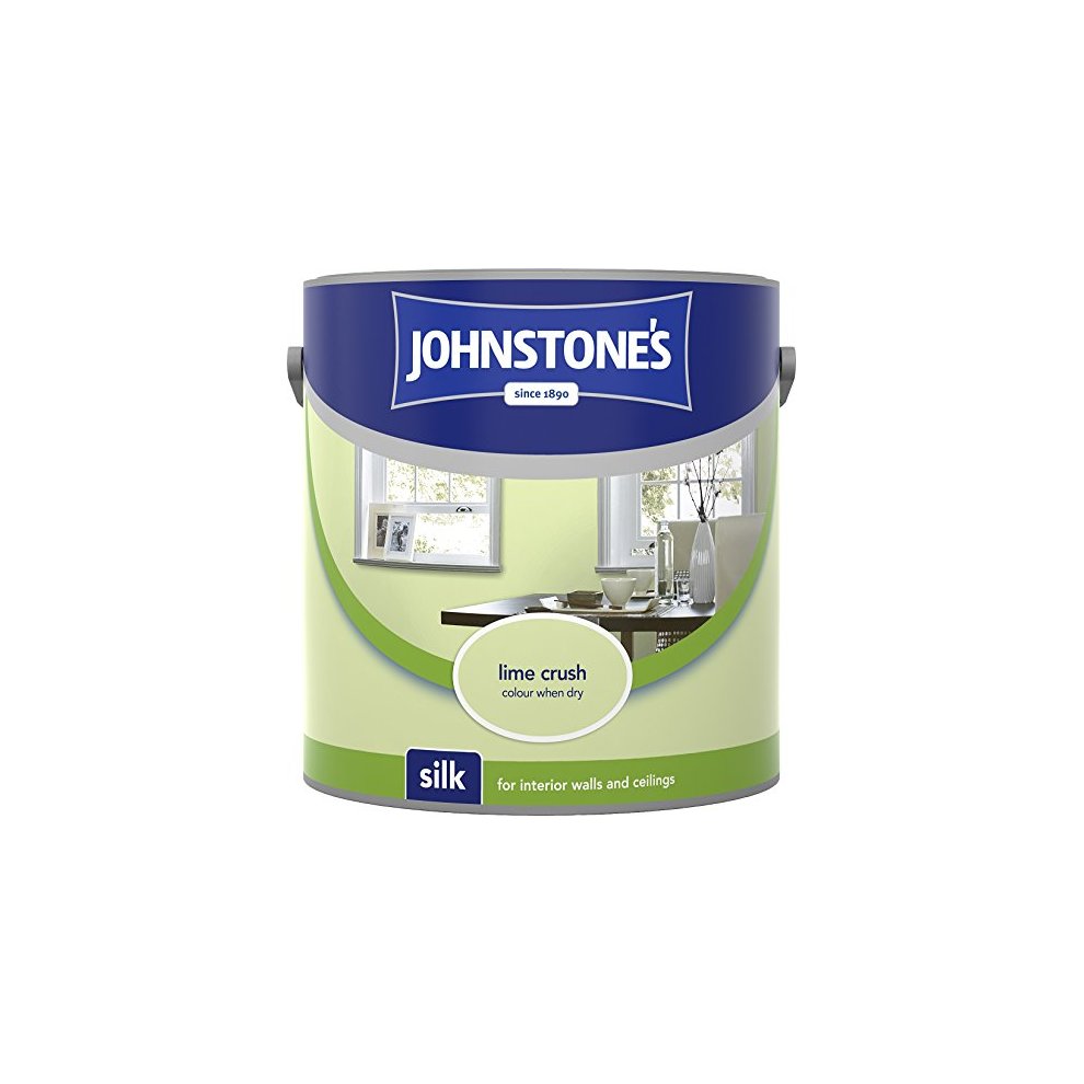 Green 2.5l tin of Johnstone's Silk Emulsion Paint labeled "Lime Crush," featuring a smooth finish for interior walls and ceilings, with a bright, light green color.