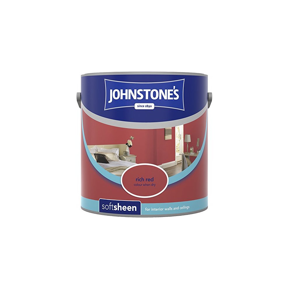 Johnstone's Soft Sheen Emulsion Paint in Rich Red, 2.5 liters, features a glossy finish and is designed for interior walls and ceilings, with a prominent blue label and branding.
