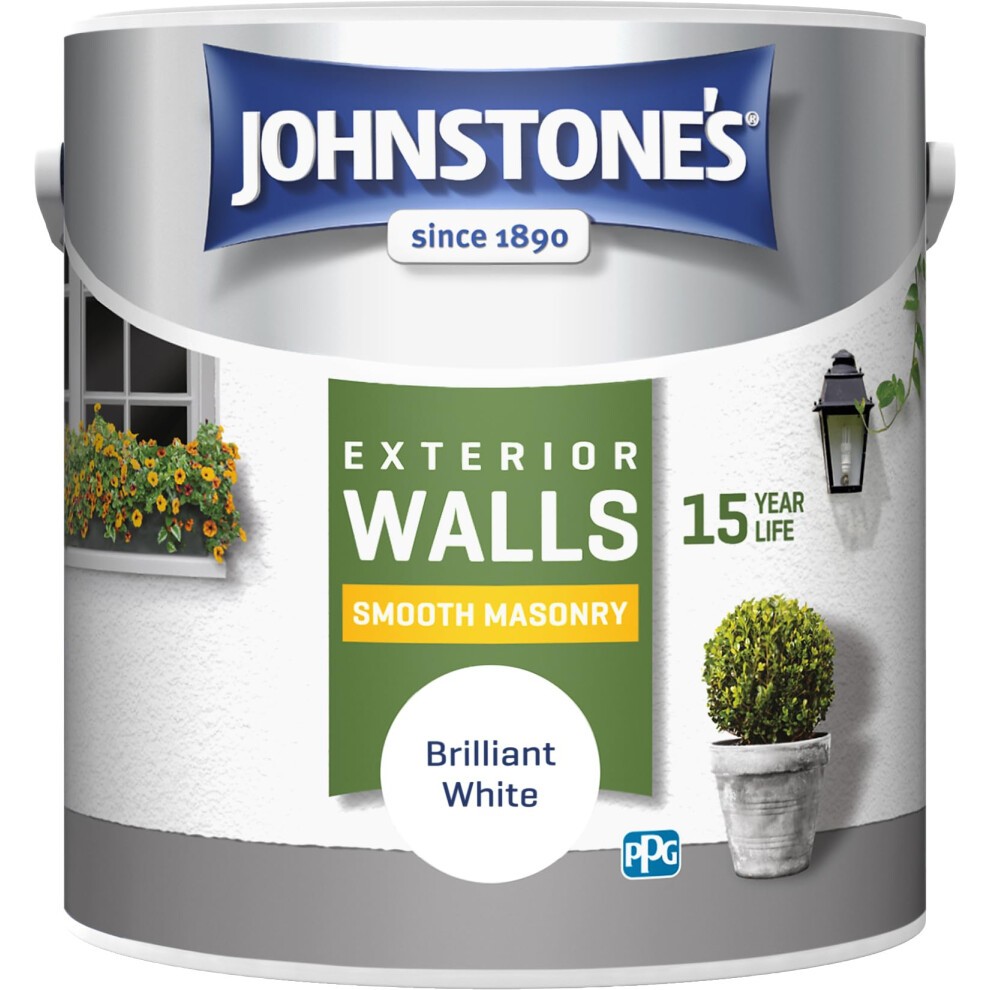 Brilliant white exterior smooth masonry paint in a tin, labeled for 15 years protection, featuring a green and yellow design with the Johnstone's logo and coverage details.