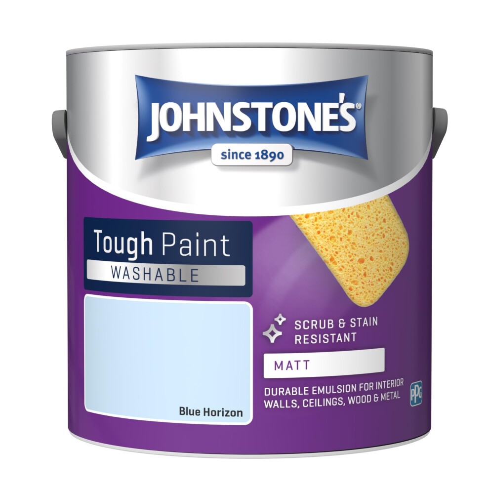 Johnstone's Washable Paint in Blue Horizon, a 2.5L emulsion can featuring a matt finish, labeled as tough, stain-resistant, with 12m² coverage per litre.