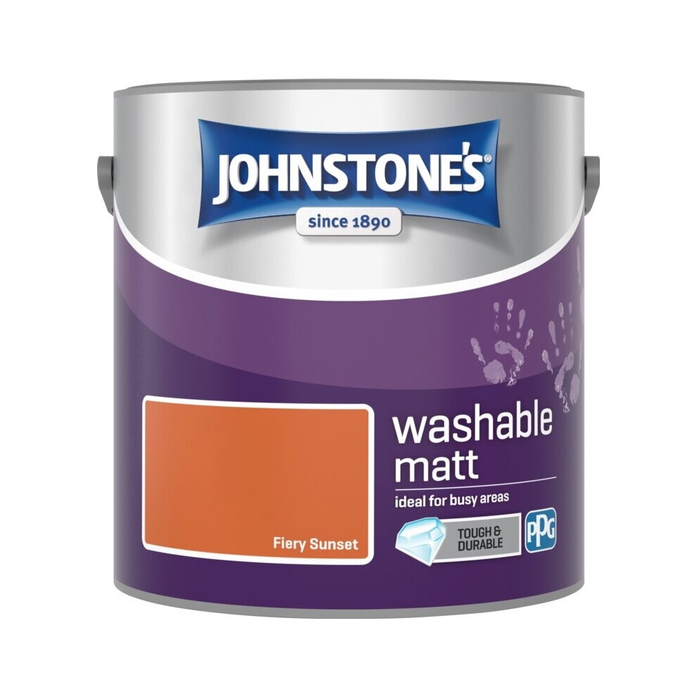 Johnstone's Washable Matt paint in a 2.5L metal can, featuring a vibrant orange color labeled "Fiery Sunset," with a purple and white design highlighting its washable and durable qualities.