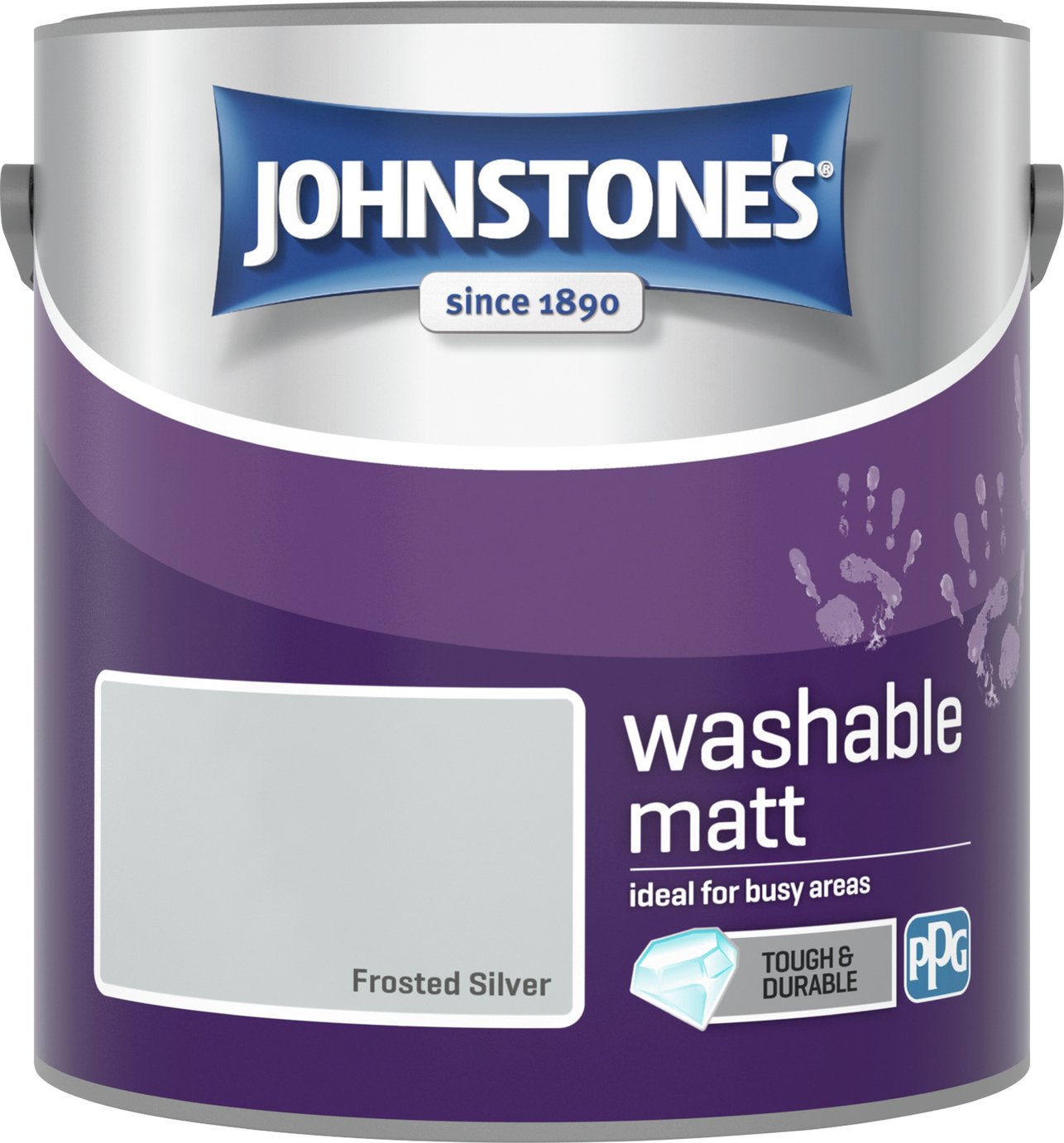 Johnstones Washable Matt Wall Emulsion Paint in 2.5l size, featuring a frosted silver color, durable finish, and a purple label with white text highlighting its washable properties.