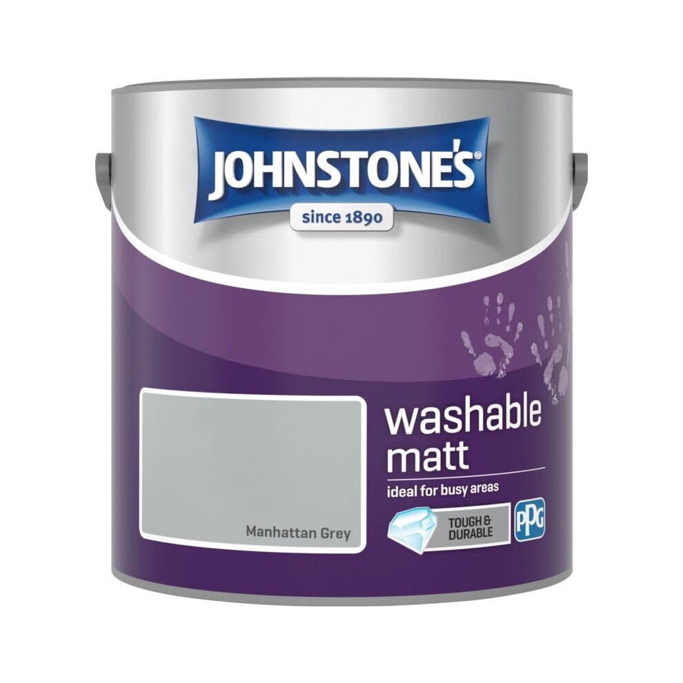 Johnstone's Washable Matt paint in a 2.5L metal tin, featuring a purple and silver design, labeled "Manhattan Grey" with a handprint graphic and "tough & durable" text.