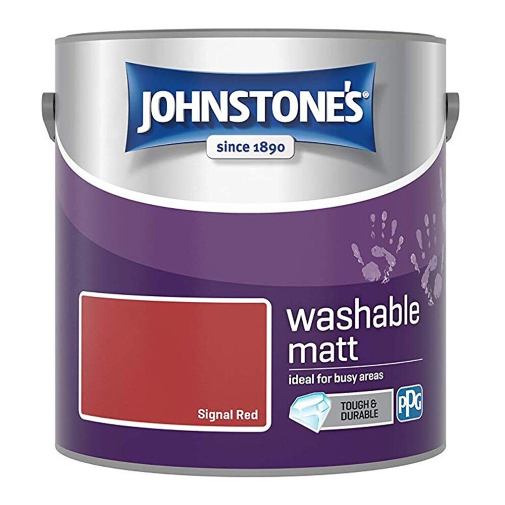 Johnstone's washable matt wall emulsion paint in a 2.5l metal can, featuring a vibrant signal red color and labeled as ideal for busy areas.