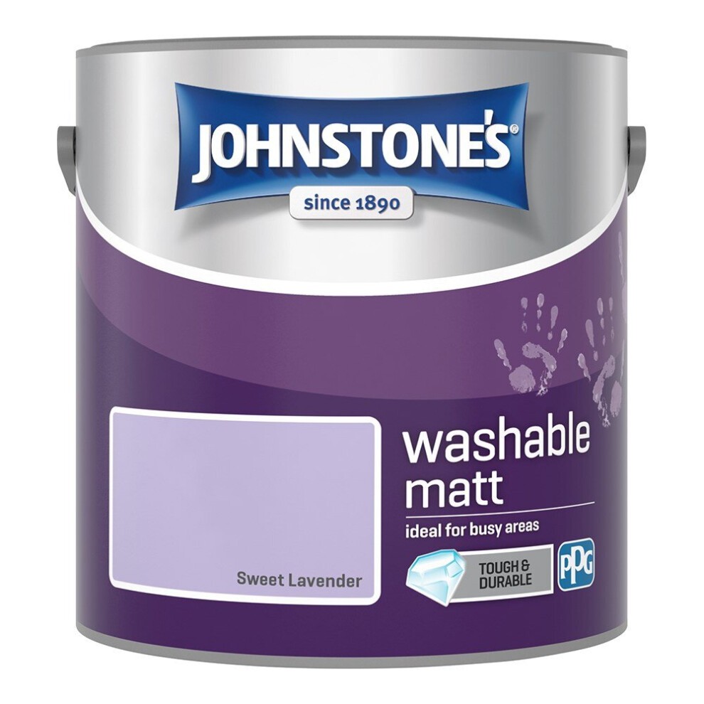 Johnstone's Washable Matt Wall Emulsion Paint in a 2.5l metal can, featuring a light lavender color with a label indicating "Sweet Lavender" and notes on durability for busy areas.