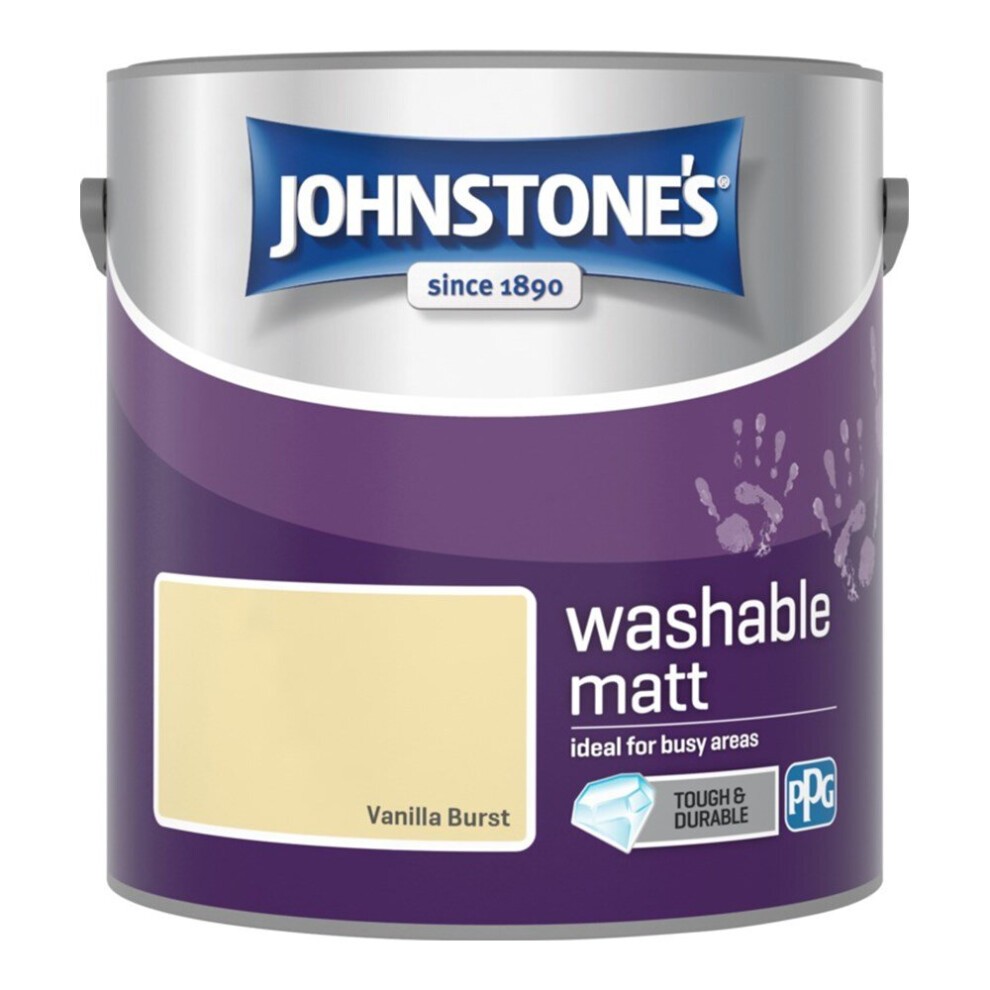 Johnstone's Washable Matt Wall Emulsion Paint in a 2.5l metal can, featuring a light vanilla color labeled "Vanilla Burst," with a tough and durable finish suitable for busy areas.