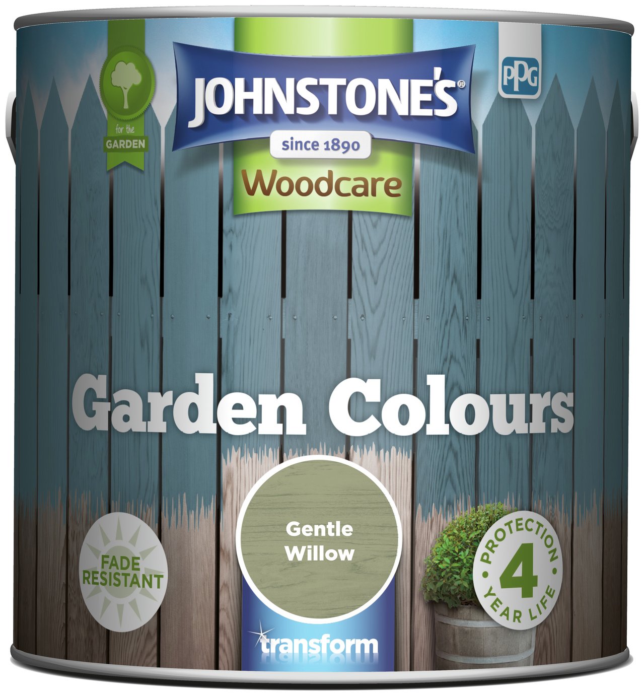 Johnstone's Garden Colours paint can in Gentle Willow shade, featuring a blue and green design, 2.5 litres, with labels indicating fade resistance and four-year protection.