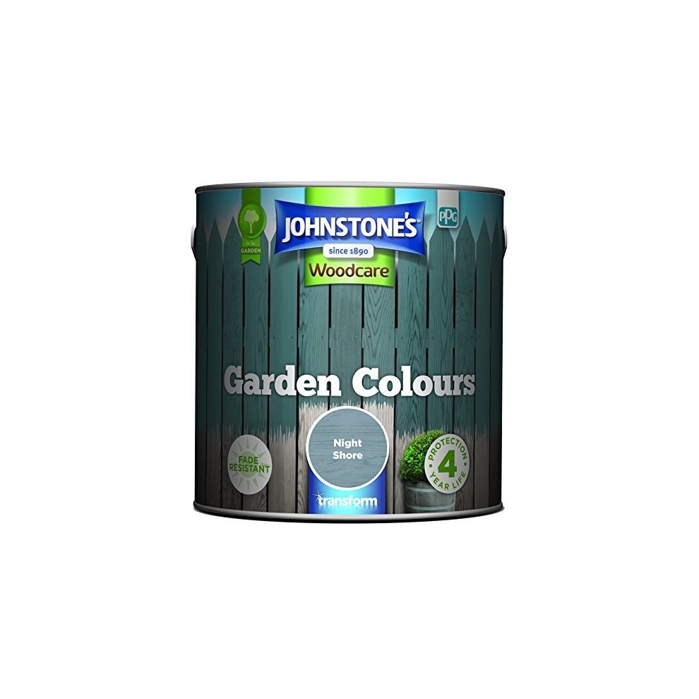 Metal tin of Johnstone's Garden Colours in Night Shore, 2.5 litres, featuring a dark teal color with a wooden fence design and a label highlighting its weather-resistant properties.