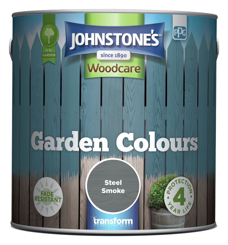 Johnstone's Garden Colours paint in Steel Smoke, 2.5 litres, features a light grey-blue color with a woodcare label, fade-resistant icon, and a 4-year protection guarantee.