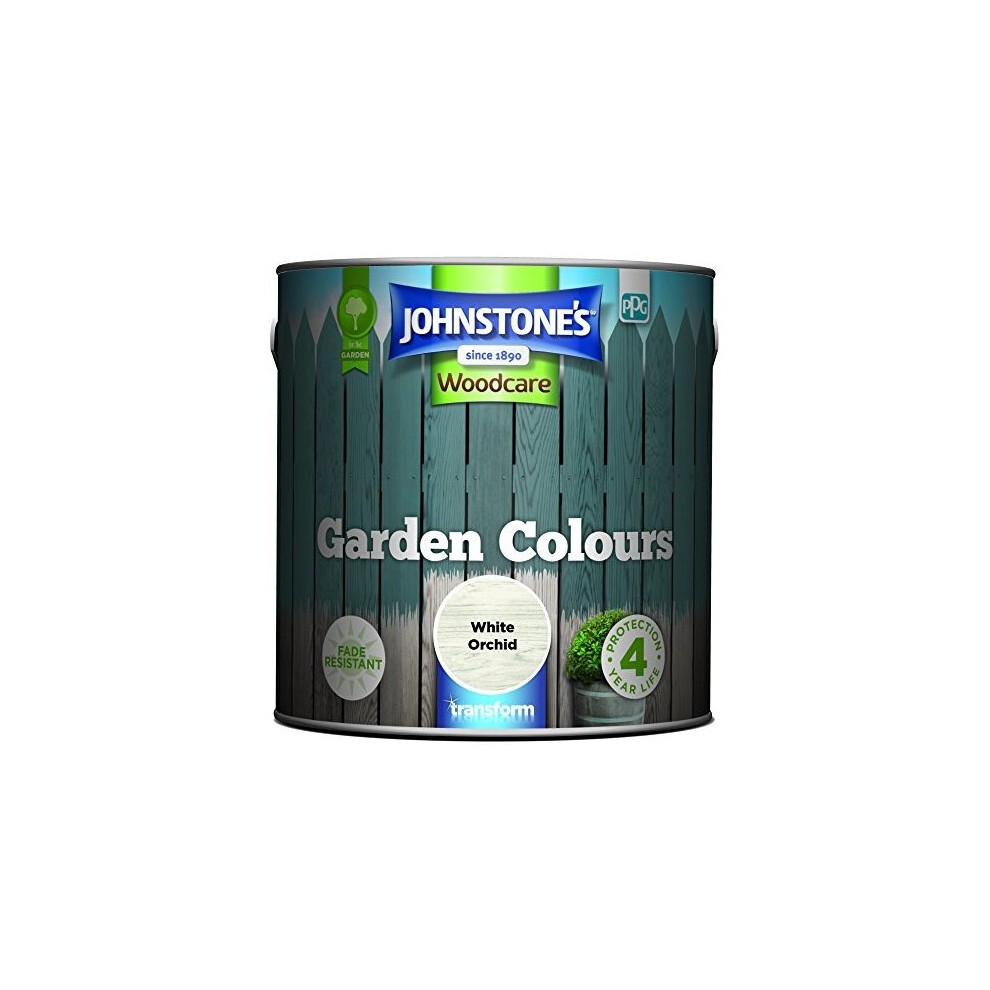 White Orchid paint in a 2.5-litre metal can by Johnstone's, featuring a green and blue label with a wooden fence design and a circular logo indicating it's fade resistant.