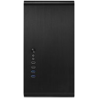 Black Jonsbo UMX3BK computer case with brushed aluminum finish, front USB ports, and power button.
