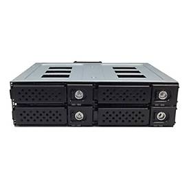 Black metal 4-in-1 SATA/SAS Wechselrahmen with four drive bays, featuring ventilation holes and locking mechanisms on the front panel.