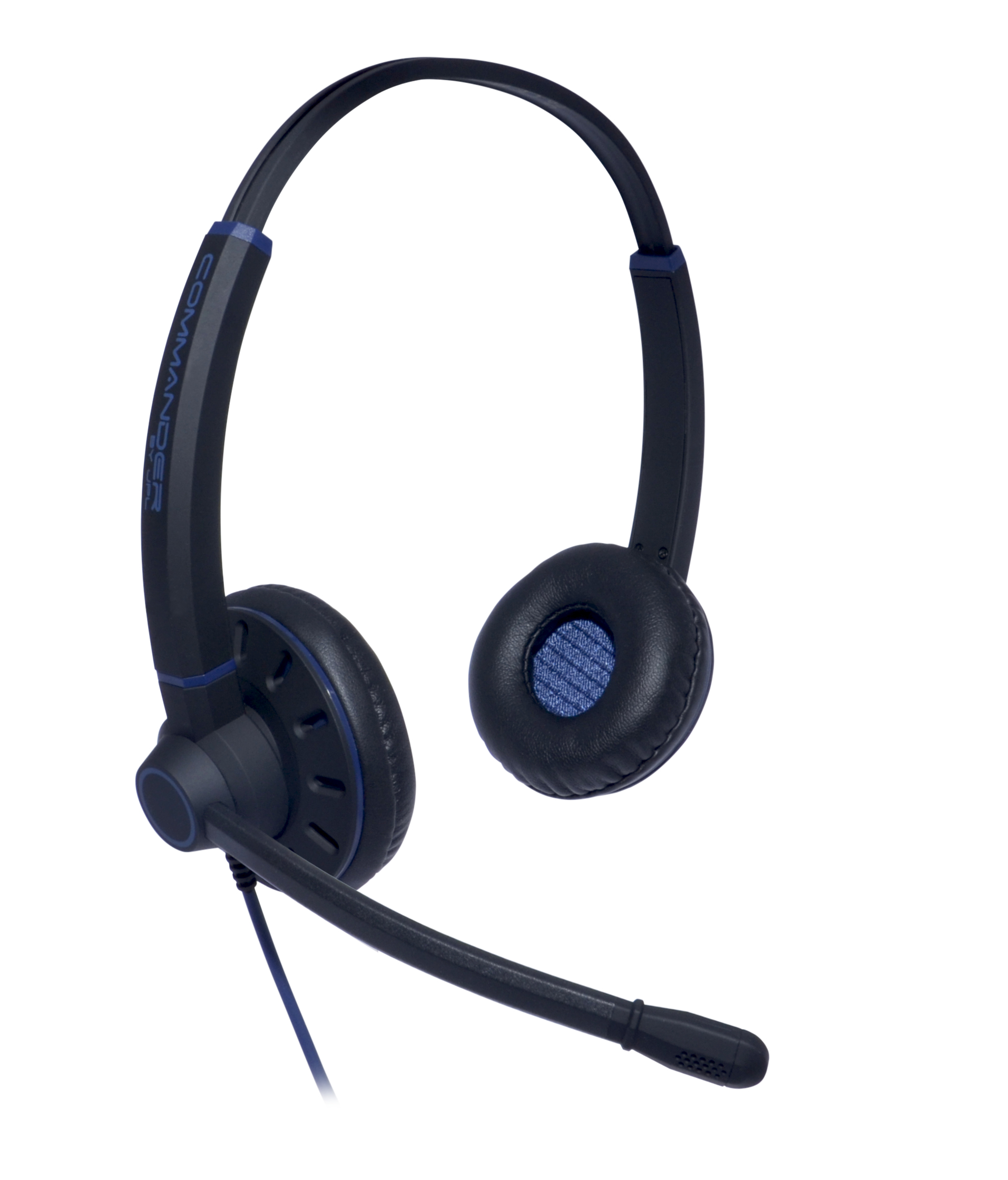 Black wired headset with a flexible microphone, padded ear cups, and a sleek design, featuring blue accents and the "COMMANDER" logo on the headband.
