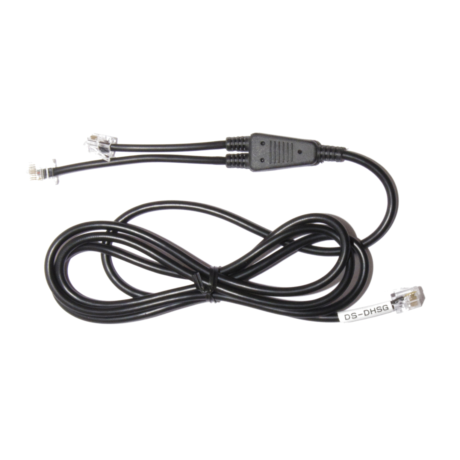 Black EHS adapter cable with two RJ-11 connectors and a central control unit, designed for use with headset systems, featuring a flexible, durable material.