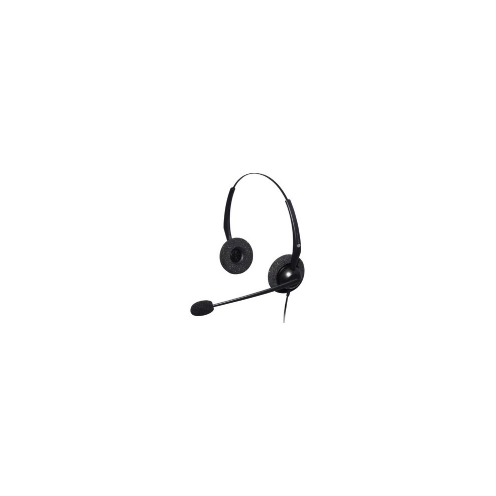 Black wired headset with a headband, featuring two circular ear cups and a flexible microphone boom, designed for office and call center use.