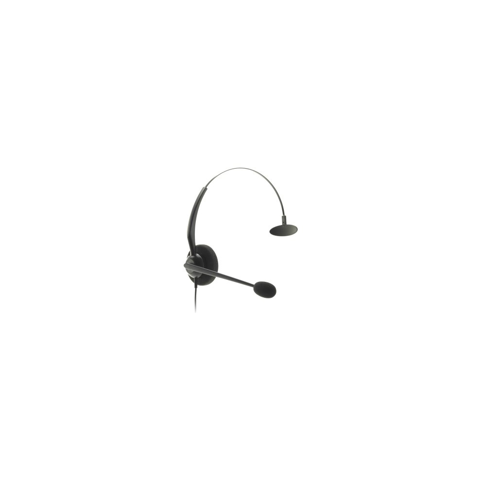 Black wired headset with a headband, featuring a flexible microphone boom and a single ear cup, designed for office and call center use.