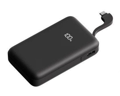 Black Juice JUI-PBANK-MAX-ECO-INT-BLK power bank with a sleek design, 20000 mAh capacity, USB output, and integrated charging cable, featuring a digital percentage display.