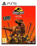 Jurassic Park Classic Games Collection for PS5 features a vibrant orange and yellow cover with a T-Rex and raptors, showcasing "7 classic games in 1" and a 12+ age rating.