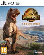 Cover art featuring a roaring T-Rex in a prehistoric landscape, with the title "Jurassic World Evolution 2" prominently displayed, alongside the PS5 logo and age rating of 16.