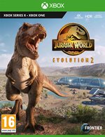 Jurassic World Evolution 2 for Xbox Series X features a roaring T-Rex on the cover, with vibrant colors and a detailed prehistoric landscape in the background.