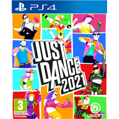 Colorful game cover featuring "Just Dance 2021" title, showcasing various dancers in vibrant outfits against a multicolored background, with PlayStation 4 and Ubisoft logos.