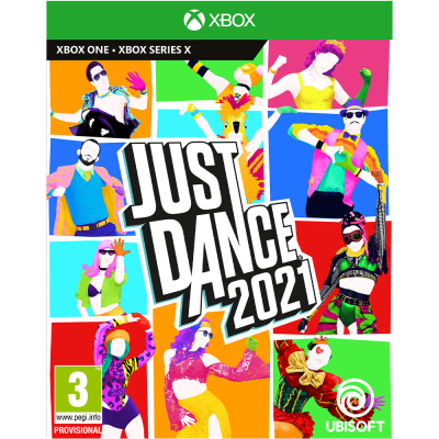 Colorful game cover featuring "Just Dance 2021" title, showcasing vibrant dance poses with diverse characters in bright outfits, designed for Xbox Series X and Xbox One.