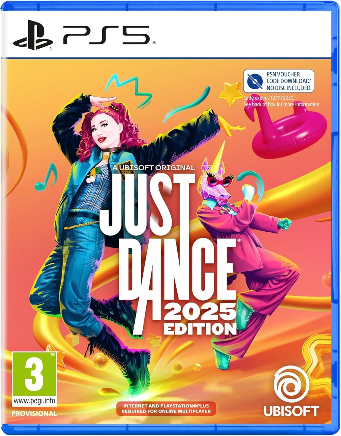 Colorful game cover featuring two dancers in vibrant outfits against a bright orange background, with the title "Just Dance 2025 Edition" prominently displayed at the top.