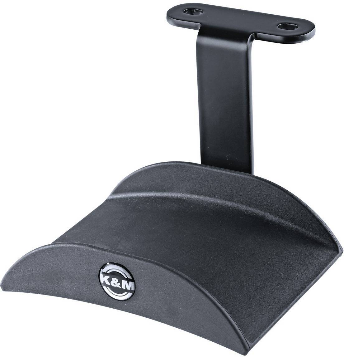 Black headphone wall mount with a curved shelf and a mounting bracket, featuring the K&M logo prominently displayed on the front.