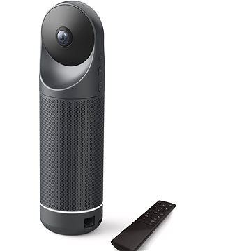 Kandao Meeting Pro 360° is a sleek, cylindrical black camera with a textured surface, featuring a lens on top and buttons on the side, accompanied by a small remote control.