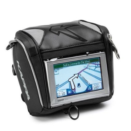 Kappa Compact GPS Holder features a black and silver design with a clear touchscreen cover, zippered compartments, and a sturdy mounting system for secure attachment.