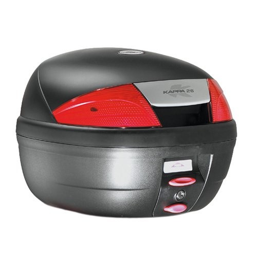 Kappa K26N MONOLOCK top case in black with a glossy finish, featuring a red reflective rear light, a secure locking mechanism, and a 26-litre storage capacity.