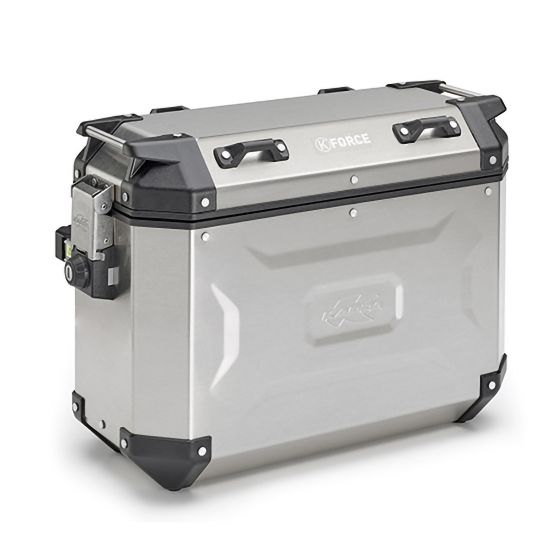 Silver Kappa K'FORCE MONOKEY motorcycle side case, 37 litres, featuring a durable metal exterior, black accents, and a secure locking mechanism.