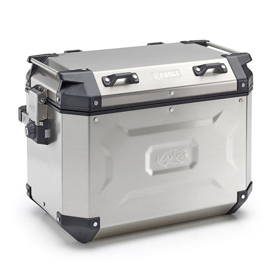 Silver Kappa K'FORCE MONOKEY motorcycle side case, 48 litres, featuring a sturdy aluminum construction, black accents, and secure locking mechanism on the right side.