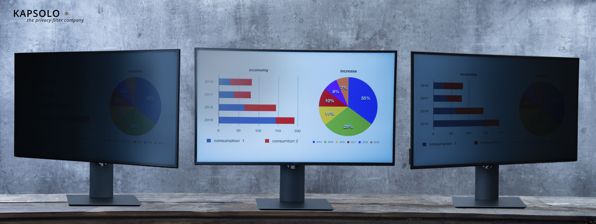 KAPSOLO 2-Way Plug privacy screen, 49.53cm wide, features three sleek black monitors displaying colorful graphs on a wooden table against a textured gray background.
