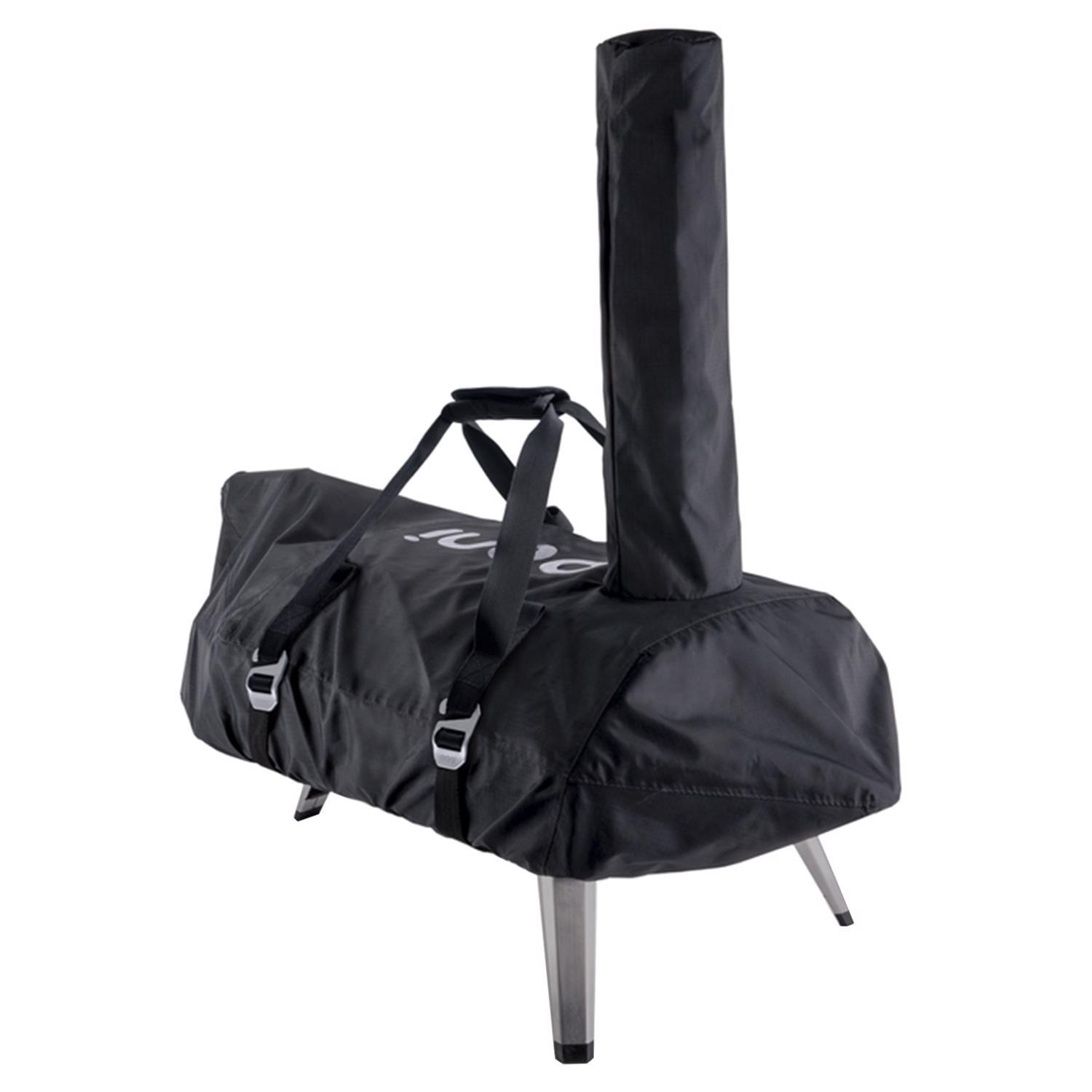 Durable black fabric pizza oven cover with adjustable straps, designed for Ooni Karu 12 and 12G, featuring a chimney opening and sturdy legs for stability.
