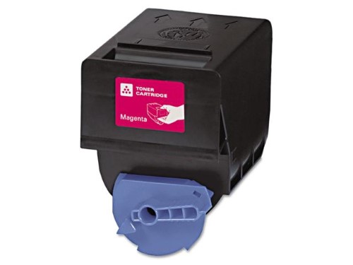 Black toner cartridge with a pink label reading "Toner Cartridge Magenta," featuring a blue bottom connector, designed for Canon printers and yields 14,000 pages.