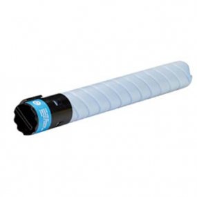 Cyan toner cartridge with a cylindrical design, featuring a black end cap and a blue label, designed to replace Develop TN-319C and Olivetti B0857.
