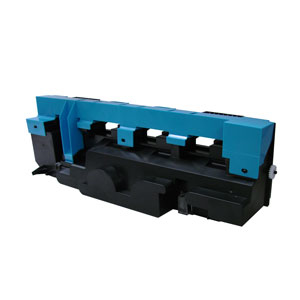 Black and blue toner waste box with a sleek design, featuring multiple slots and a sturdy build, compatible with Konica Minolta printers.