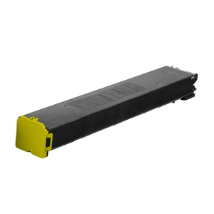Yellow toner cartridge with a black body, featuring a bright yellow end cap, designed for high-capacity printing, compatible with Sharp MX61GTYA, capable of 24,000 pages.