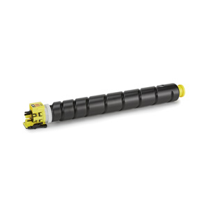 Yellow toner kit with a cylindrical black body, featuring a yellow end cap and connector, designed for 12,000 pages, compatible with Kyocera TK-8345Y.